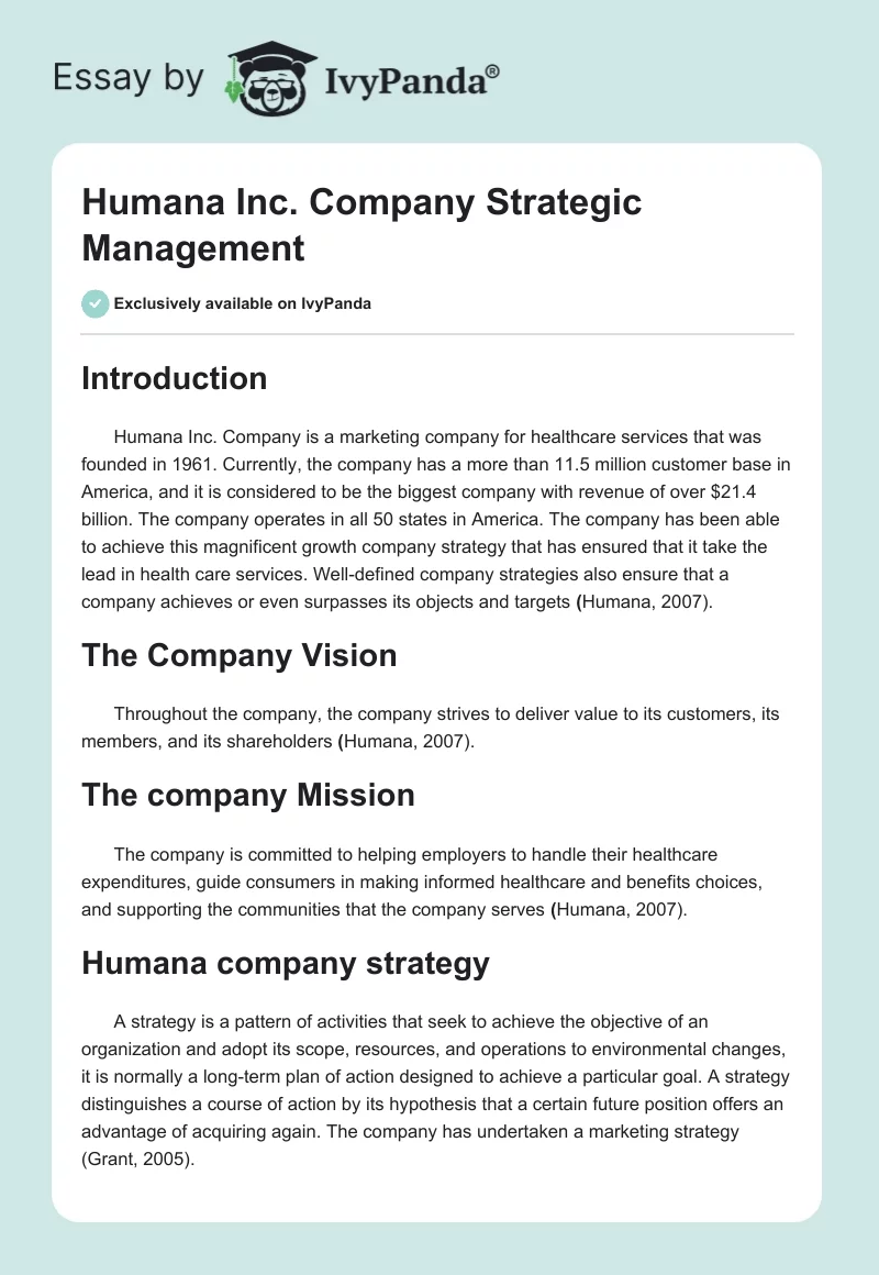 Humana Inc. Company Strategic Management. Page 1