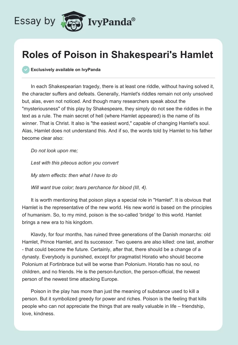 Roles of Poison in Shakespeari's "Hamlet". Page 1