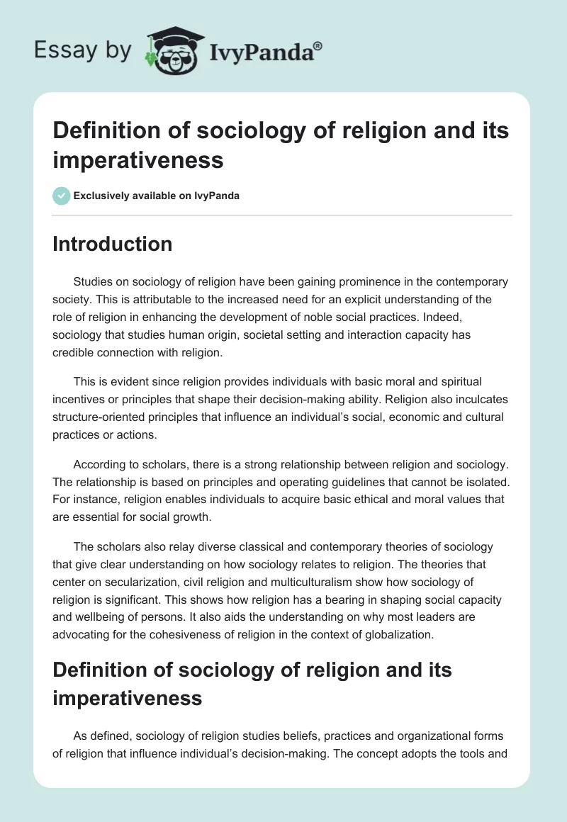 Definition of sociology of religion and its imperativeness. Page 1