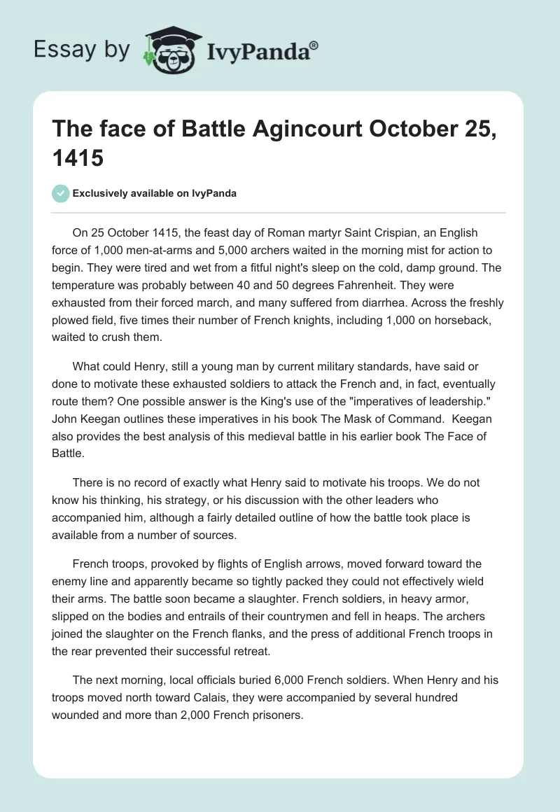 The face of Battle Agincourt October 25, 1415. Page 1