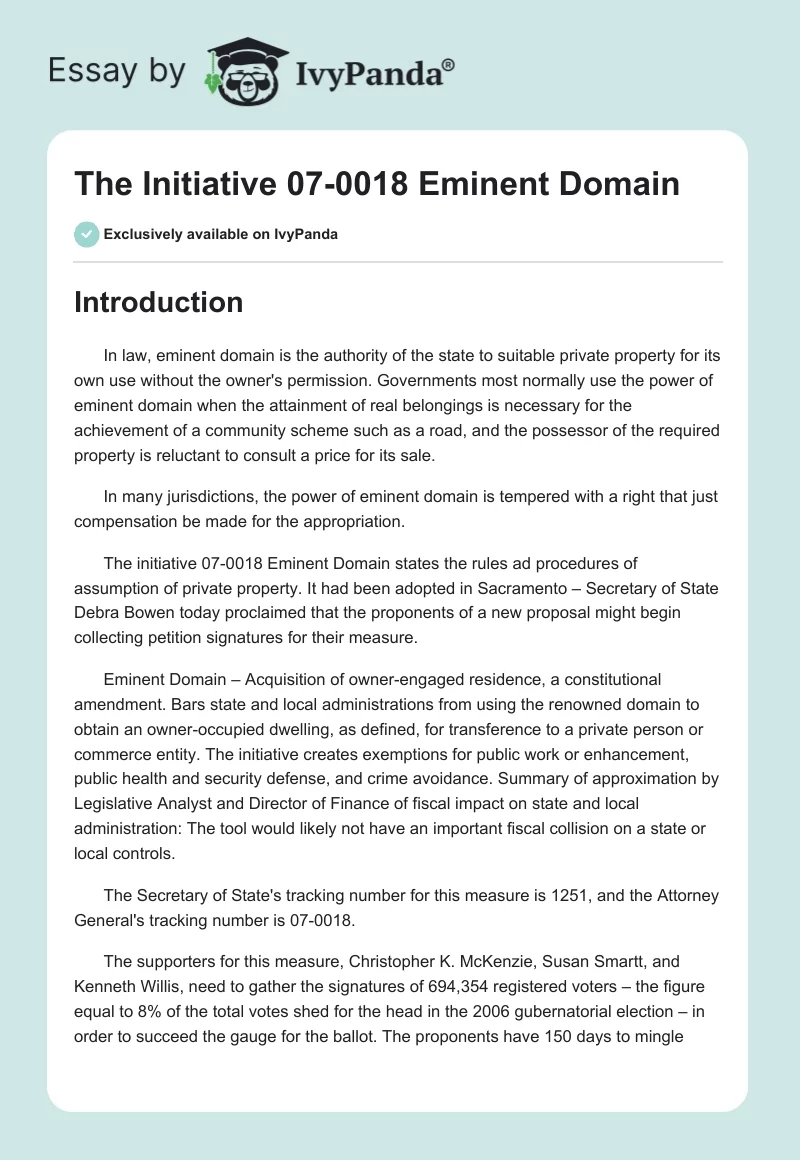 The Initiative 07-0018 Eminent Domain. Page 1
