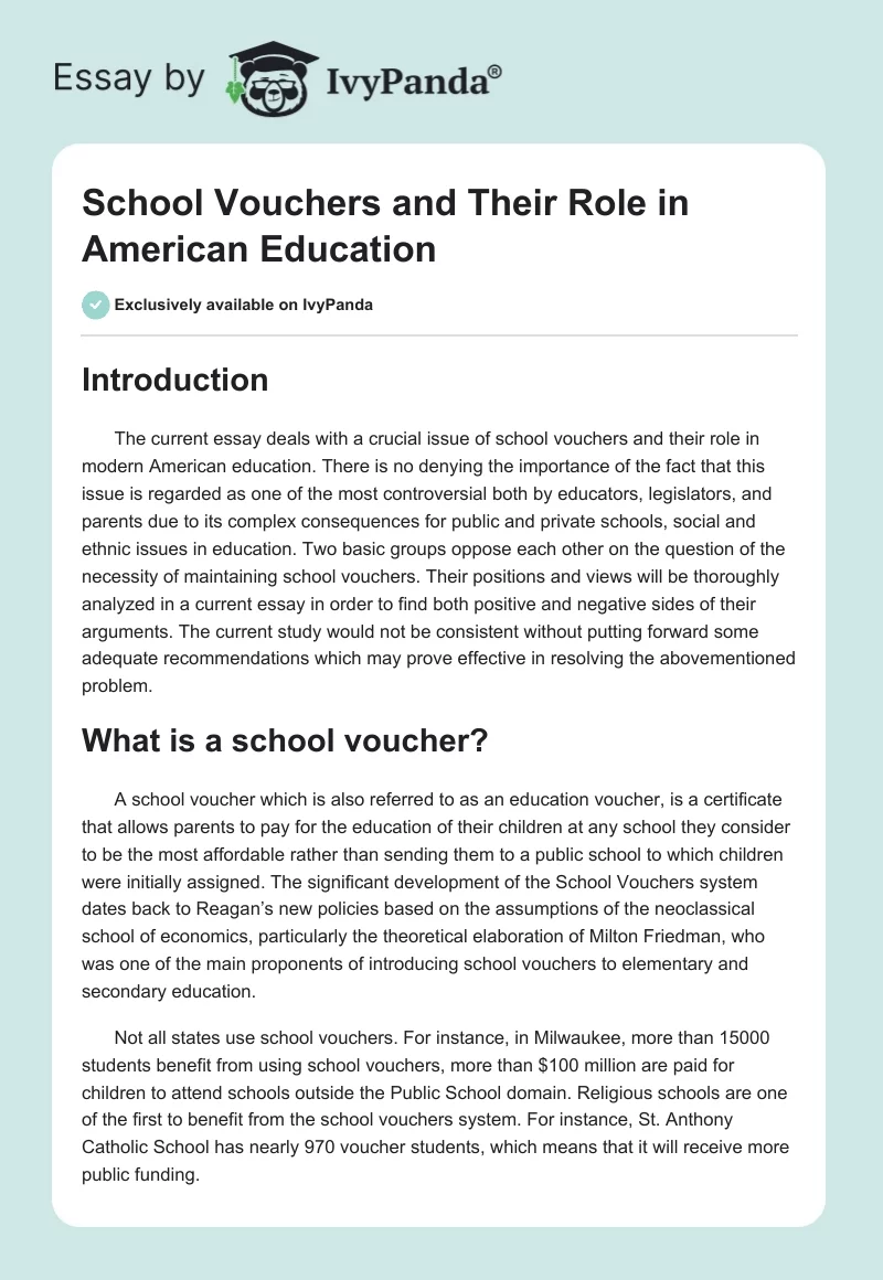 School Vouchers and Their Role in American Education. Page 1
