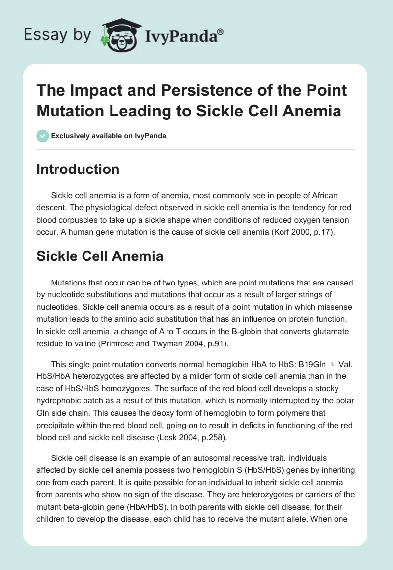 The Impact and Persistence of the Point Mutation Leading to Sickle Cell Anemia. Page 1
