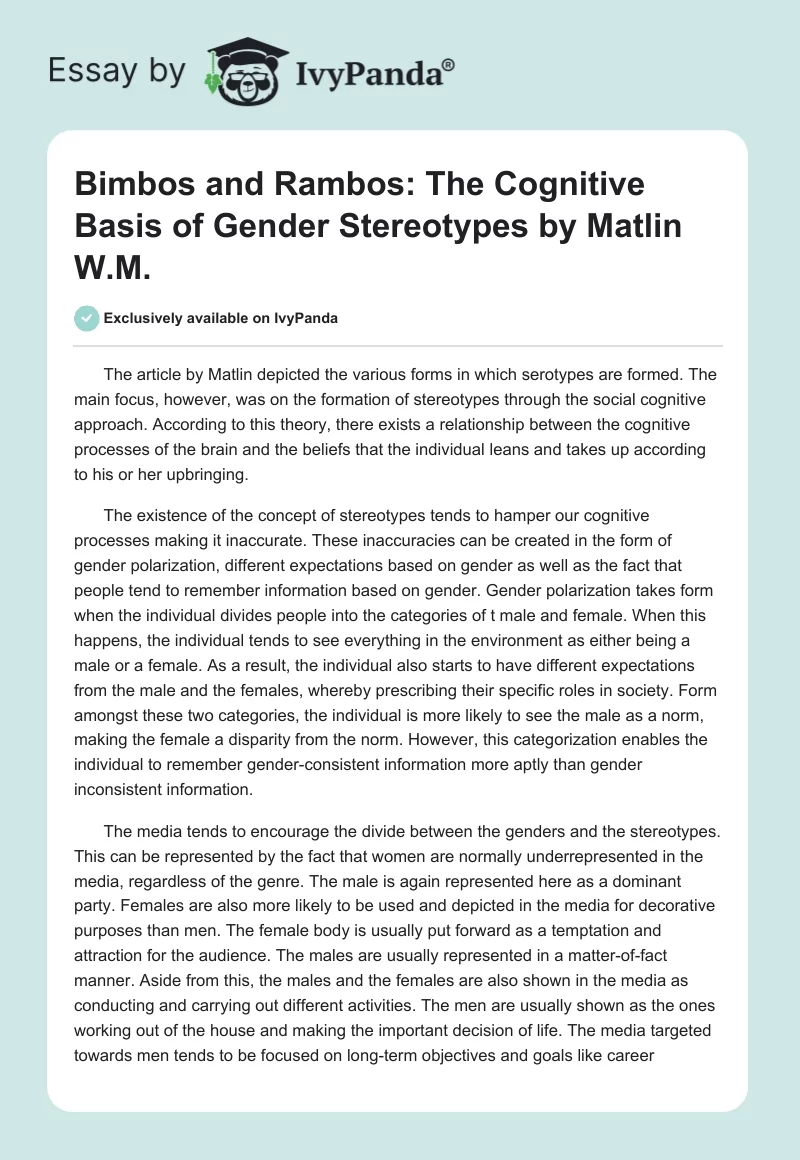 "Bimbos and Rambos: The Cognitive Basis of Gender Stereotypes" by Matlin W.M.. Page 1