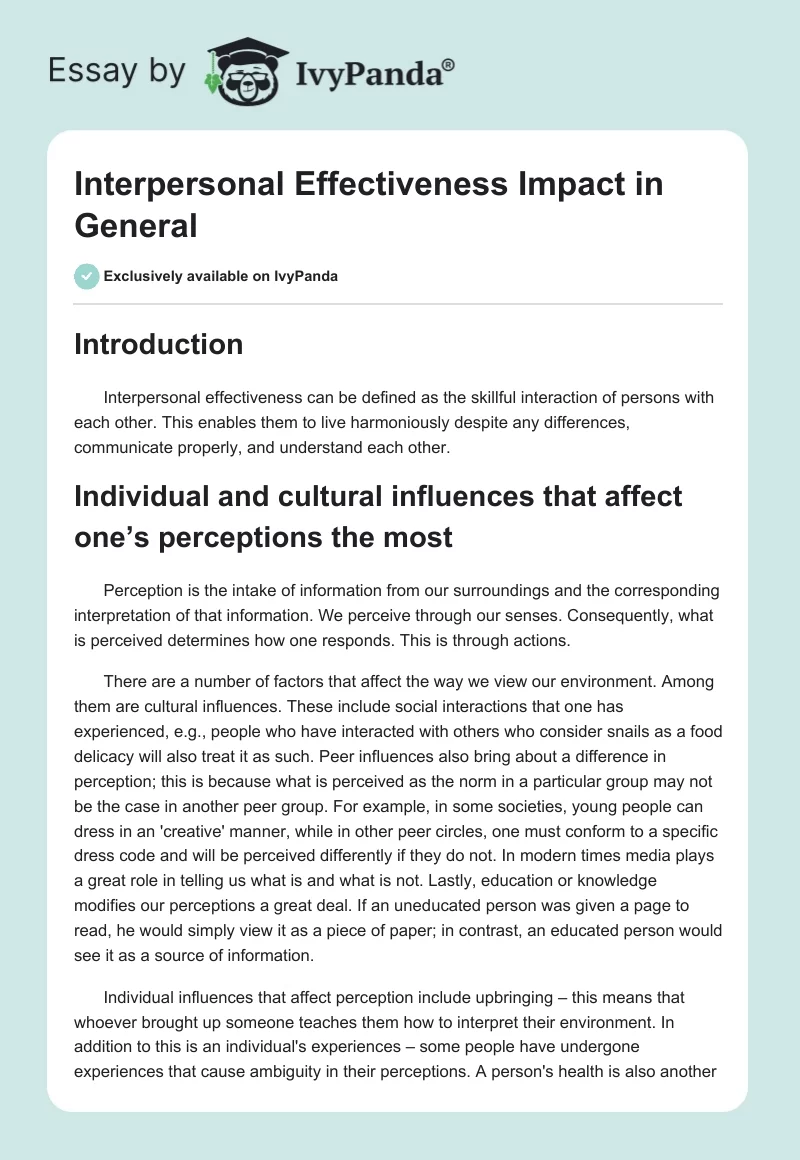 Interpersonal Effectiveness Impact in General. Page 1