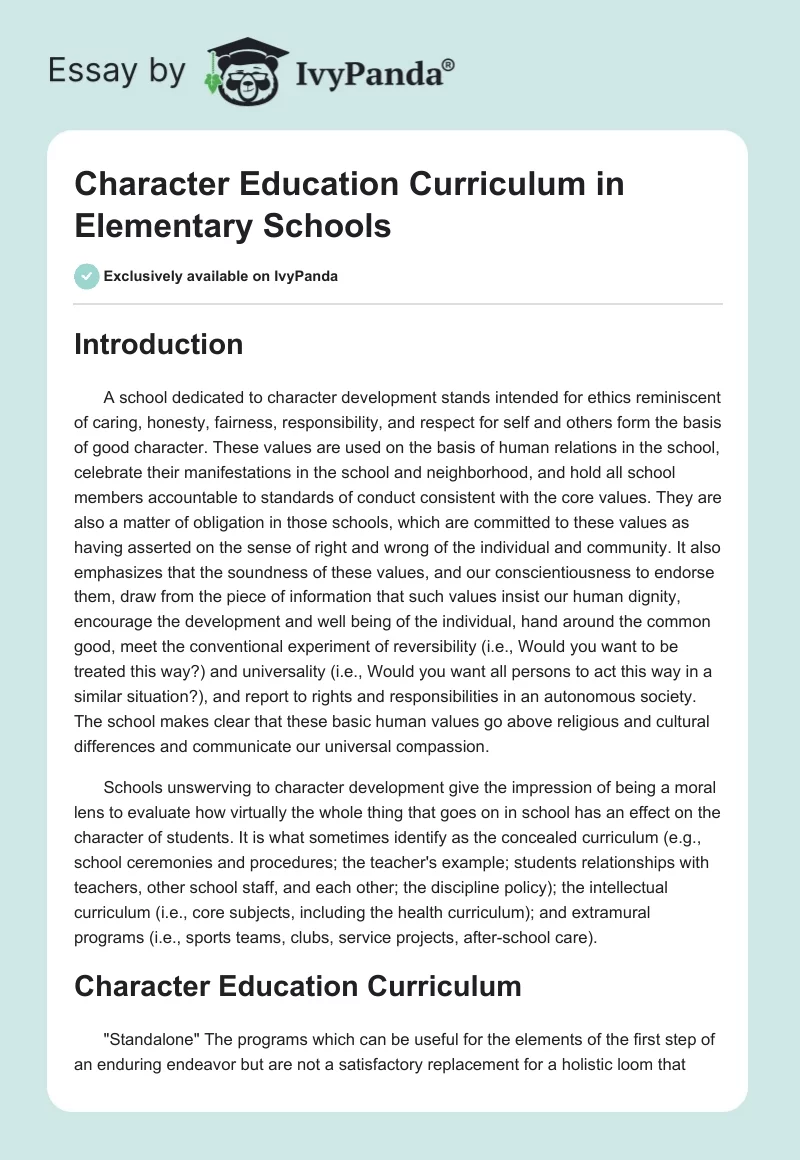 Character Education Curriculum in Elementary Schools. Page 1