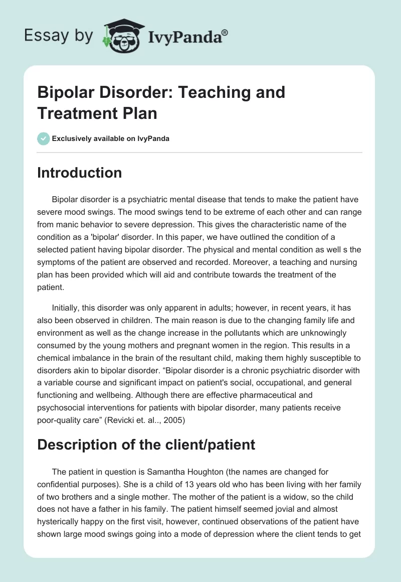 Bipolar Disorder: Teaching and Treatment Plan. Page 1