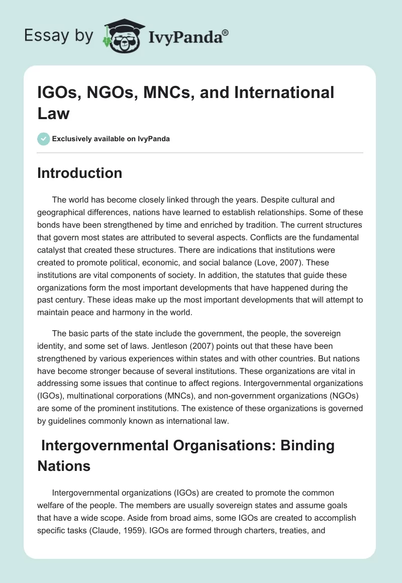 IGOs, NGOs, MNCs, and International Law. Page 1