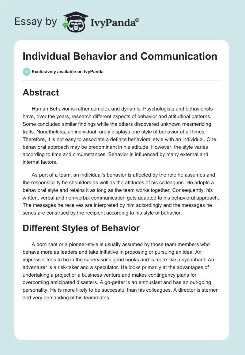 Individual Behavior and Communication. Page 1
