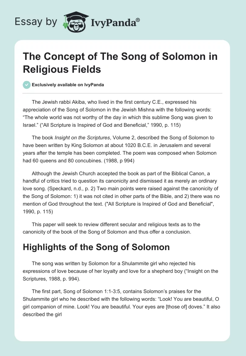 The Concept of "The Song of Solomon" in Religious Fields. Page 1