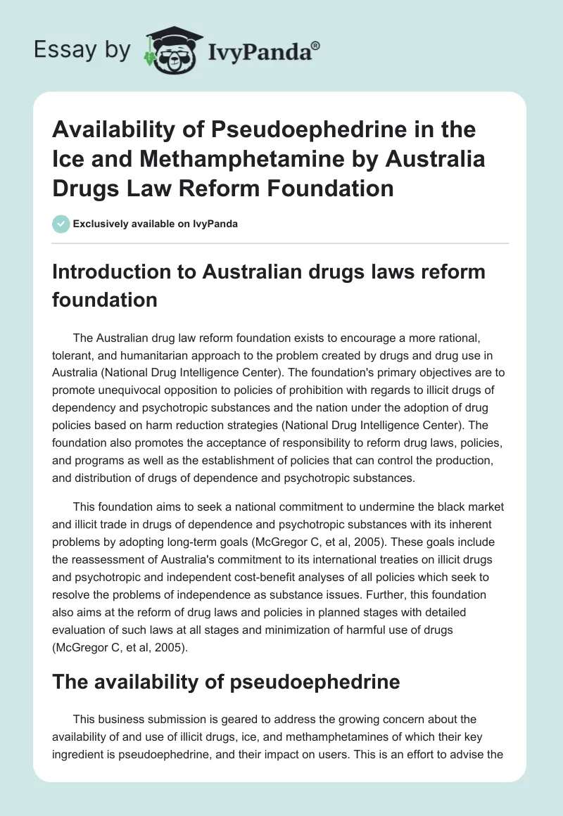 Availability of Pseudoephedrine in the Ice and Methamphetamine by Australia Drugs Law Reform Foundation. Page 1