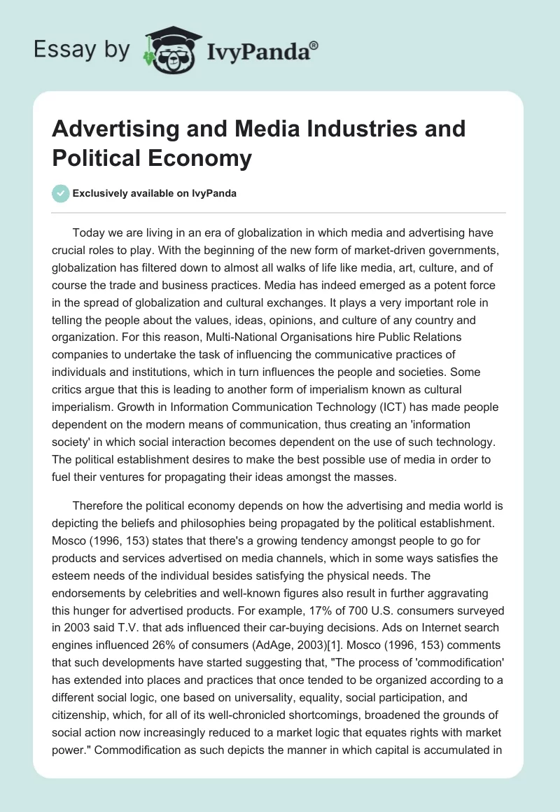Advertising and Media Industries and Political Economy. Page 1