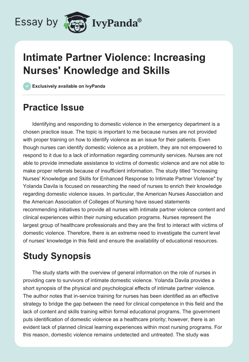 Intimate Partner Violence: Increasing Nurses' Knowledge and Skills. Page 1