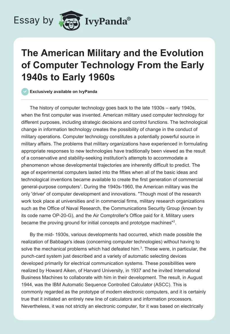 The American Military and the Evolution of Computer Technology From the Early 1940s to Early 1960s. Page 1