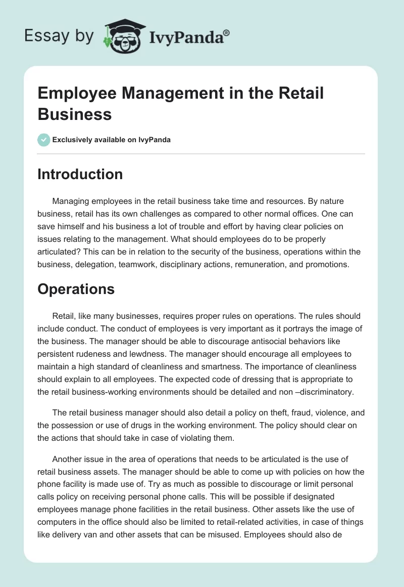 Employee Management in the Retail Business. Page 1