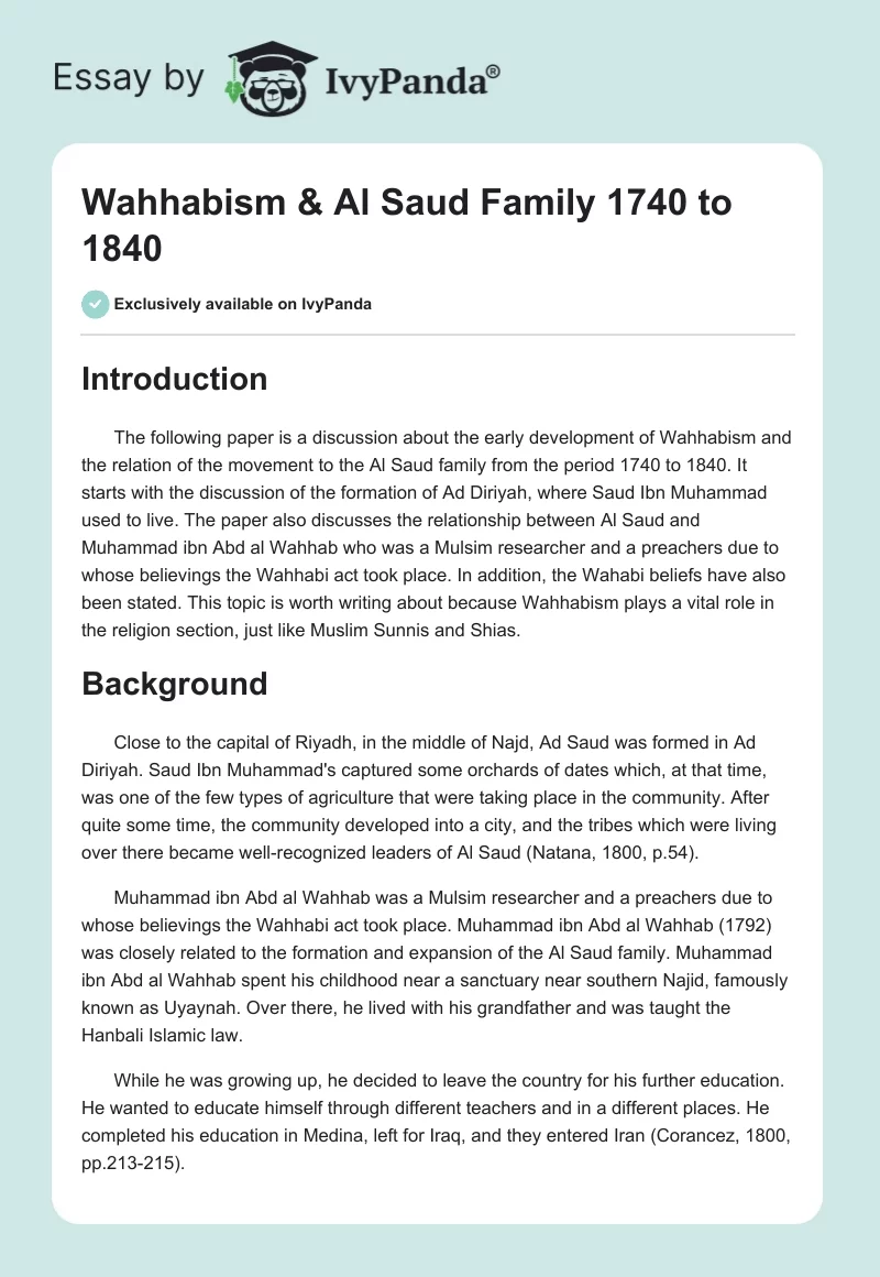 Wahhabism & Al Saud Family 1740 to 1840. Page 1