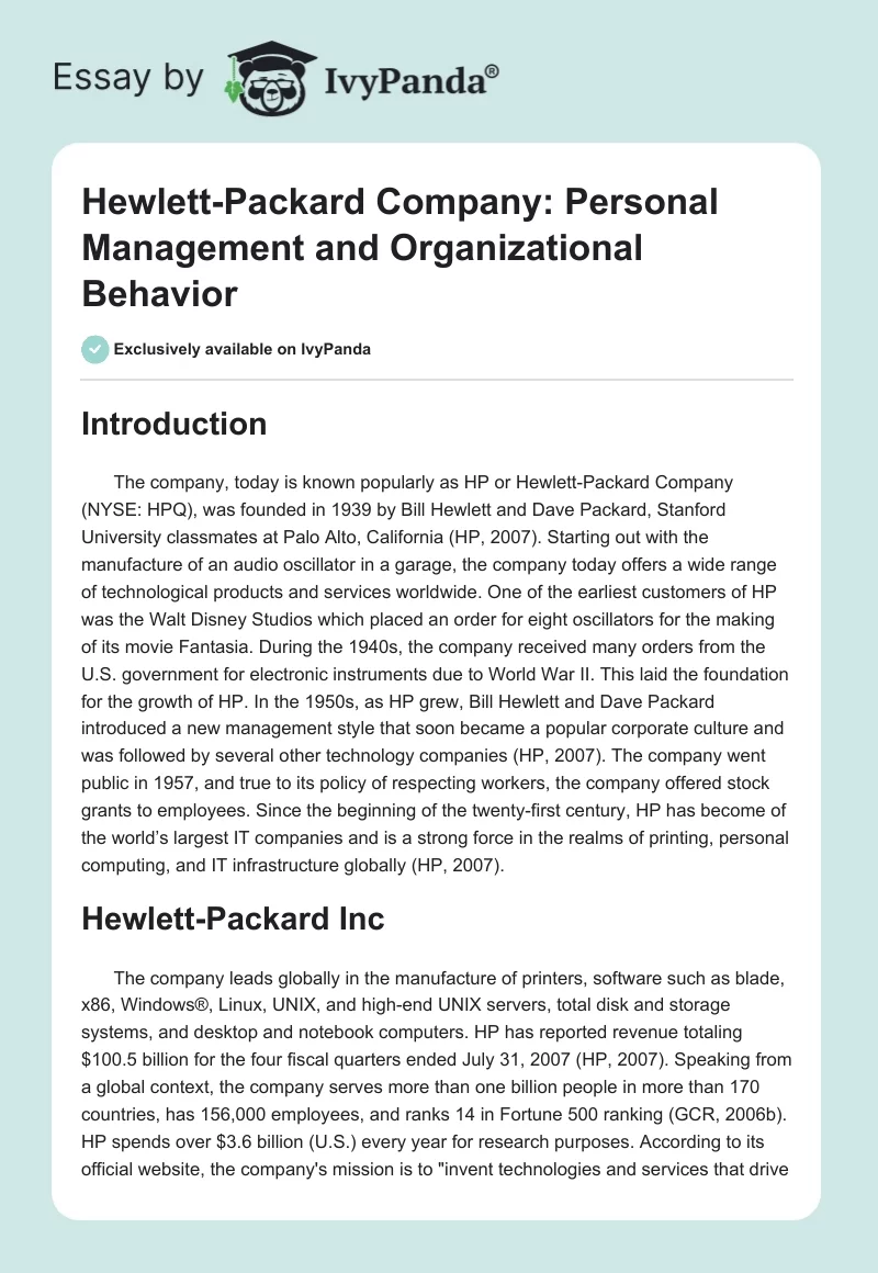 Hewlett-Packard Company: Personal Management and Organizational Behavior. Page 1