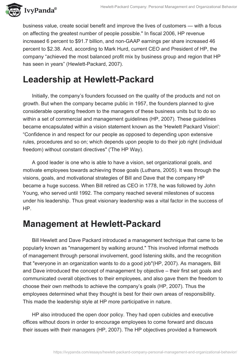 Hewlett-Packard Company: Personal Management and Organizational Behavior. Page 2