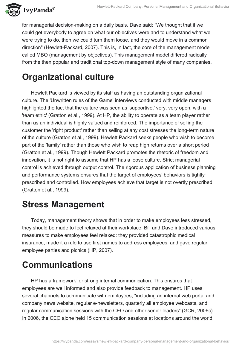 Hewlett-Packard Company: Personal Management and Organizational Behavior. Page 3