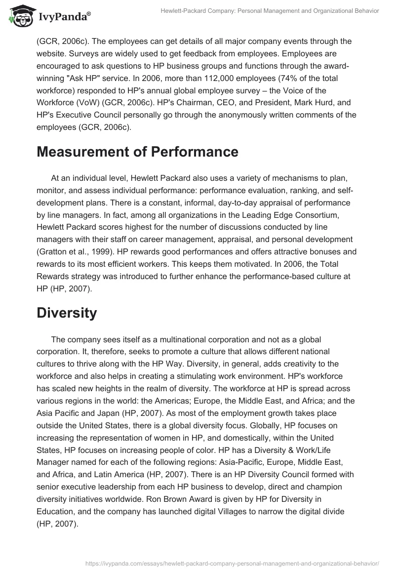 Hewlett-Packard Company: Personal Management and Organizational Behavior. Page 4
