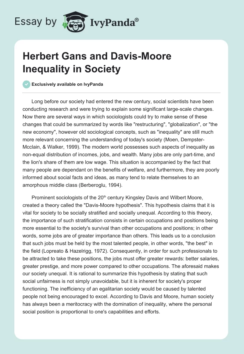 Herbert Gans and Davis-Moore Inequality in Society. Page 1