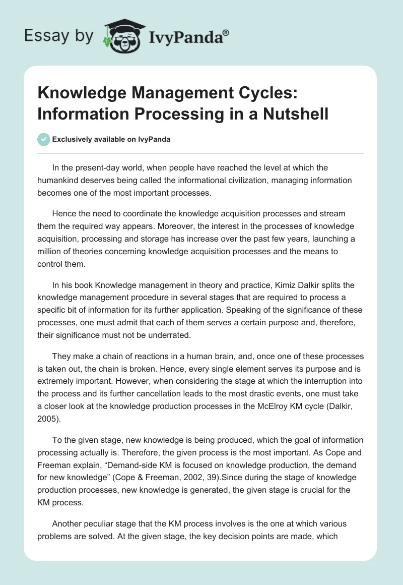 Knowledge Management Cycles: Information Processing in a Nutshell. Page 1