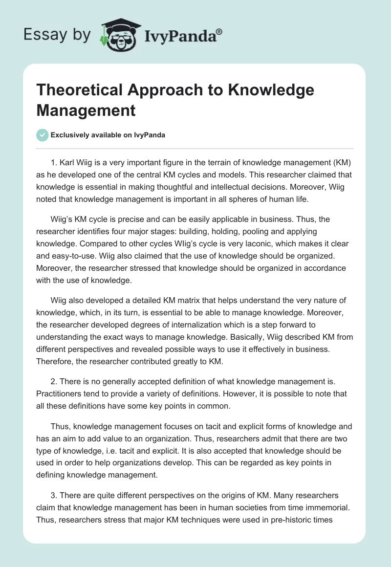 Theoretical Approach to Knowledge Management. Page 1