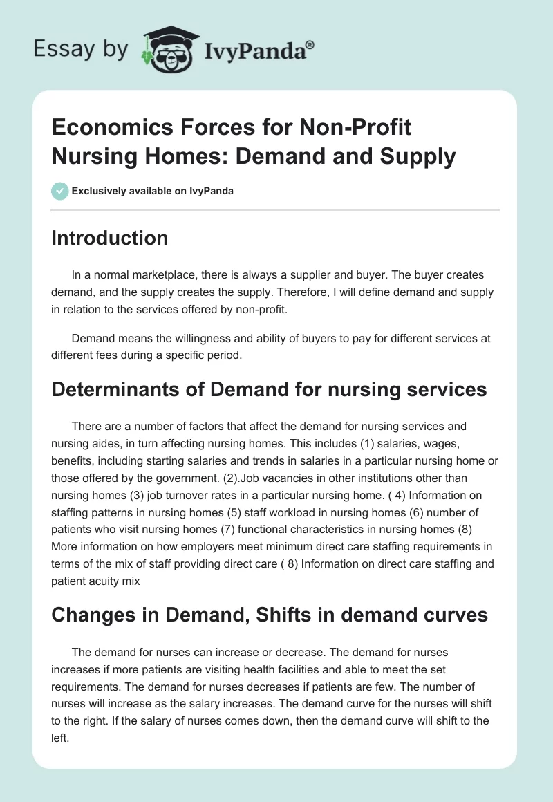 Economics Forces for Non-Profit Nursing Homes: Demand and Supply. Page 1