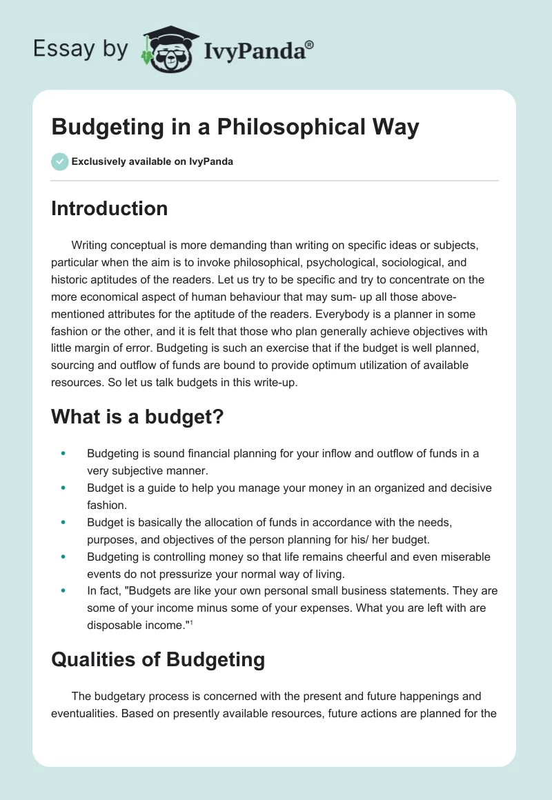 Budgeting in a Philosophical Way. Page 1