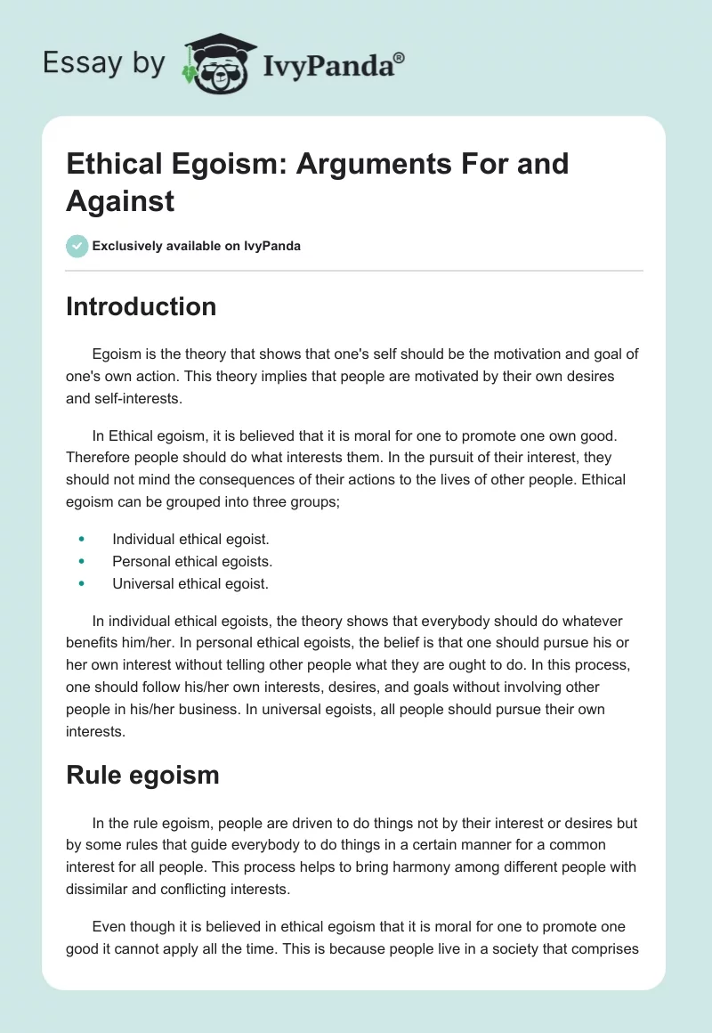 Ethical Egoism: Arguments For and Against. Page 1