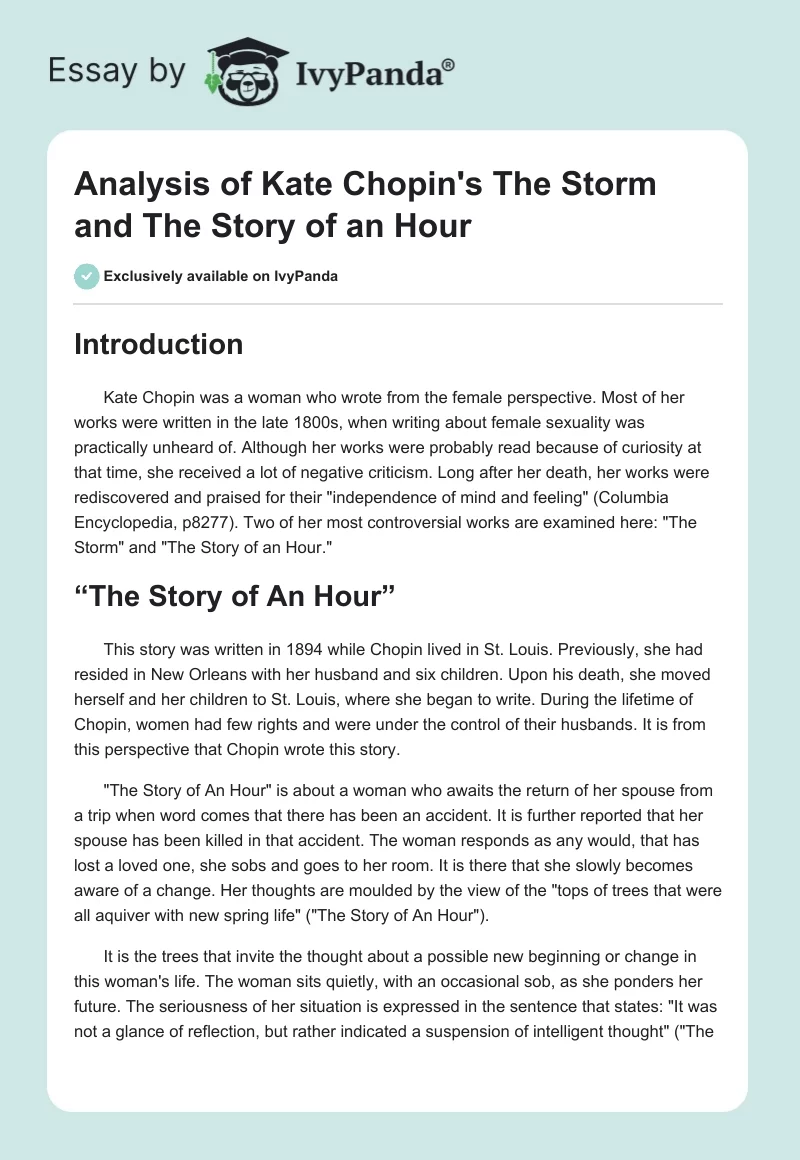Analysis of Kate Chopin's "The Storm" and "The Story of an Hour". Page 1