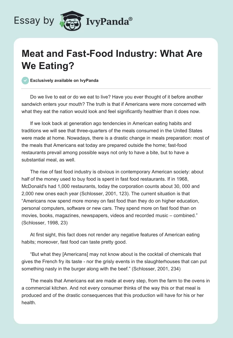 Meat and Fast-Food Industry: What Are We Eating?. Page 1