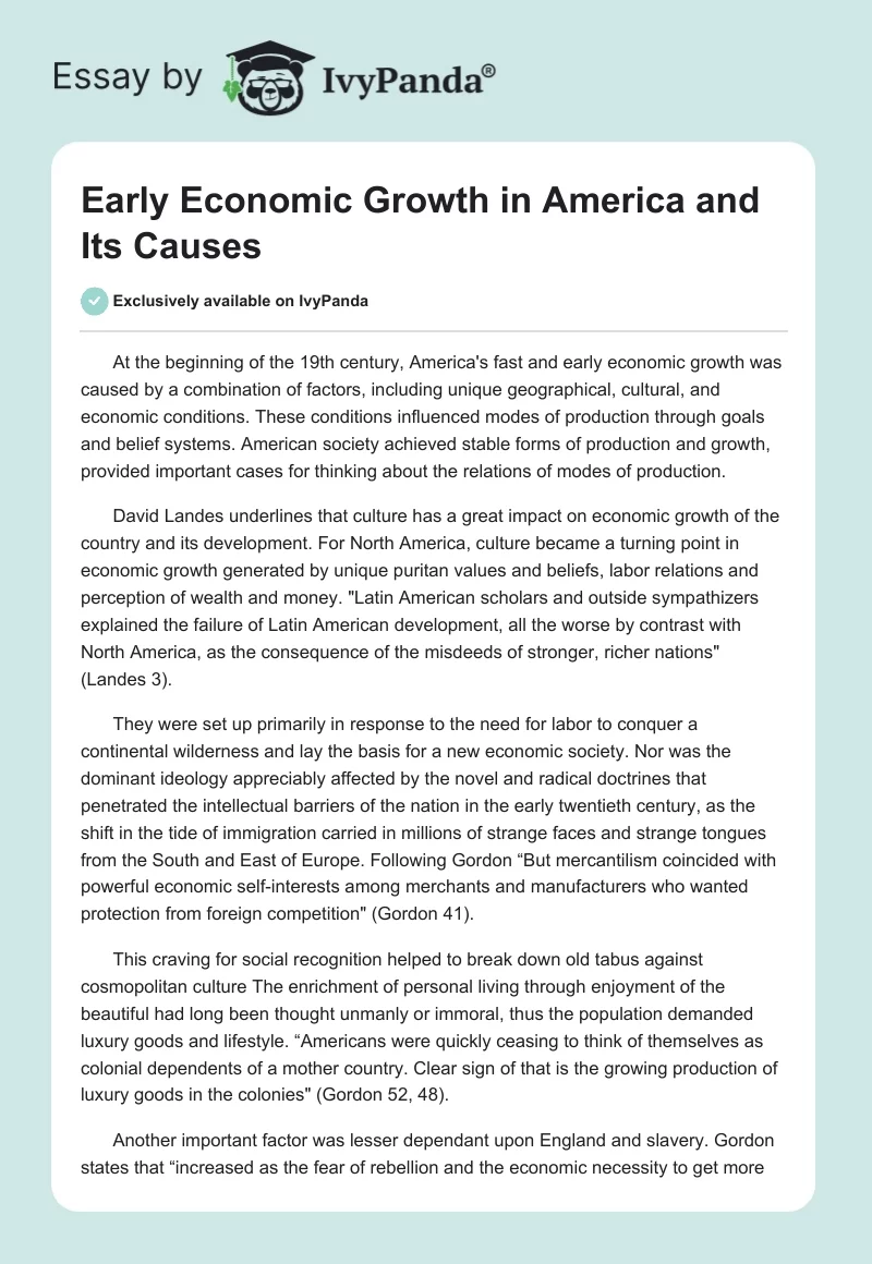 Early Economic Growth in America and Its Causes. Page 1