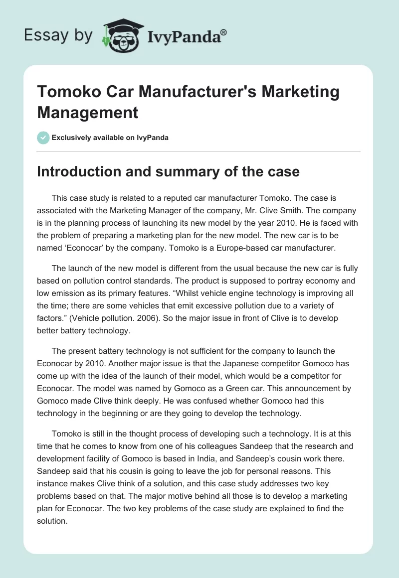 Tomoko Car Manufacturer's Marketing Management. Page 1