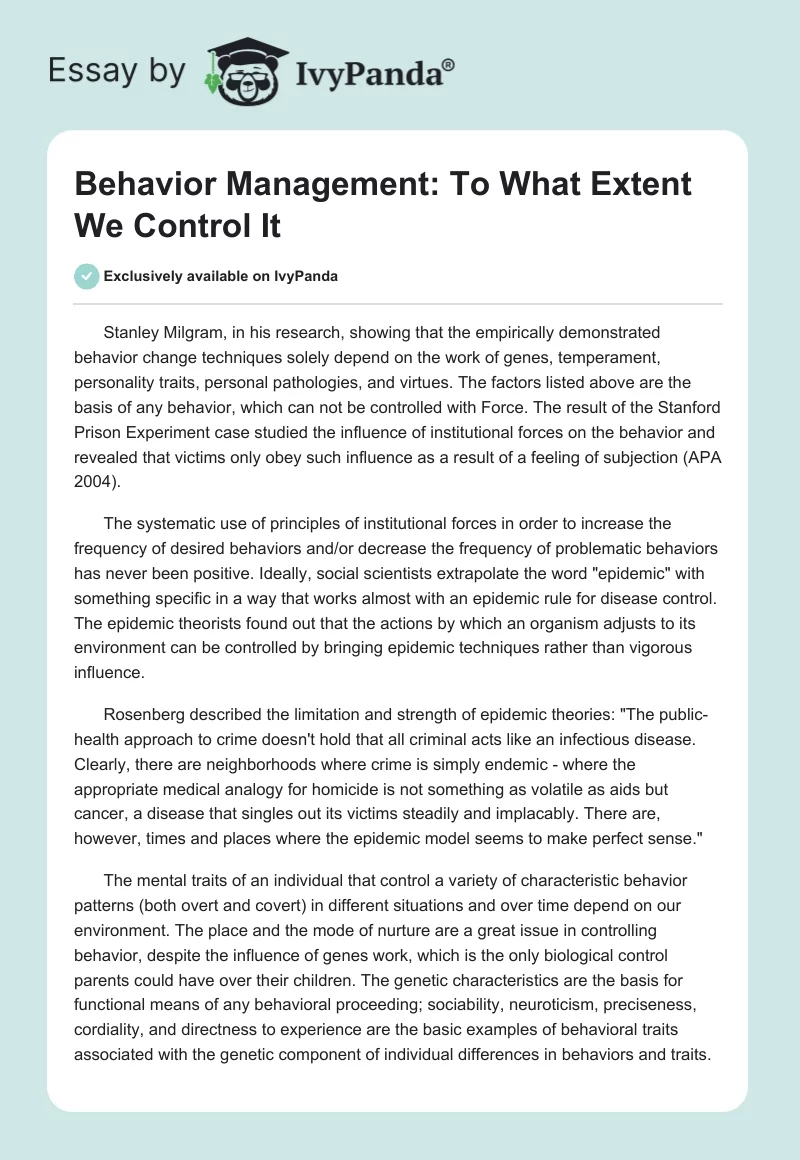 Behavior Management: To What Extent We Control It. Page 1