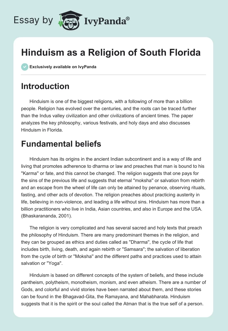 Hinduism as a Religion of South Florida. Page 1