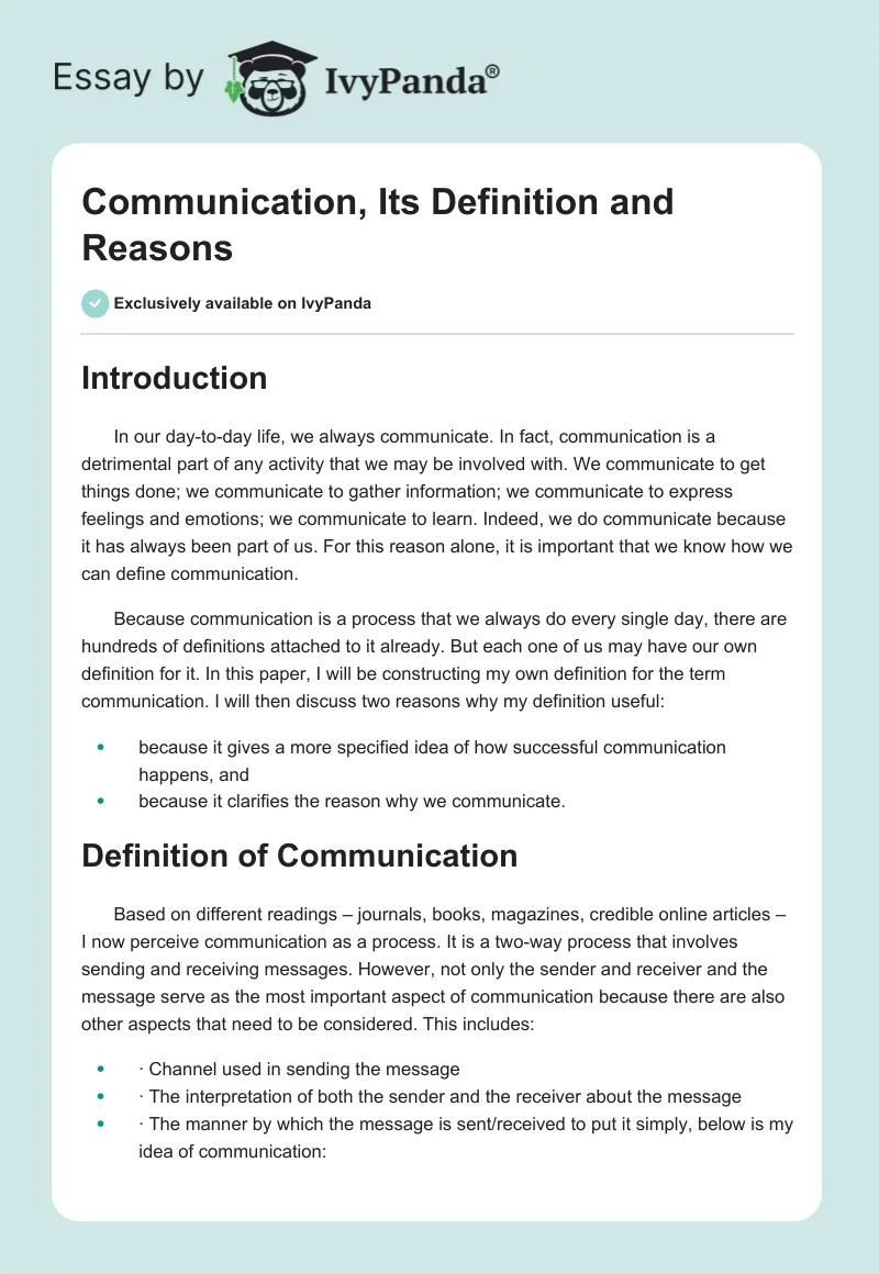 Communication, Its Definition and Reasons. Page 1