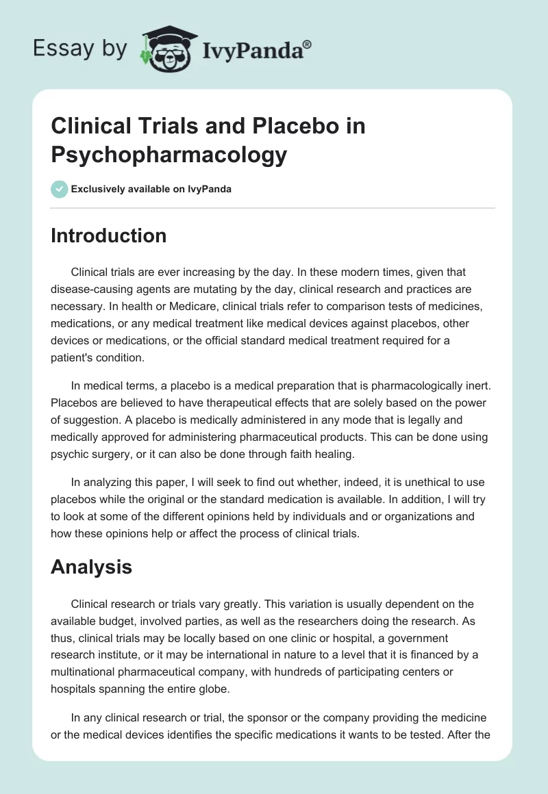 Clinical Trials and Placebo in Psychopharmacology. Page 1