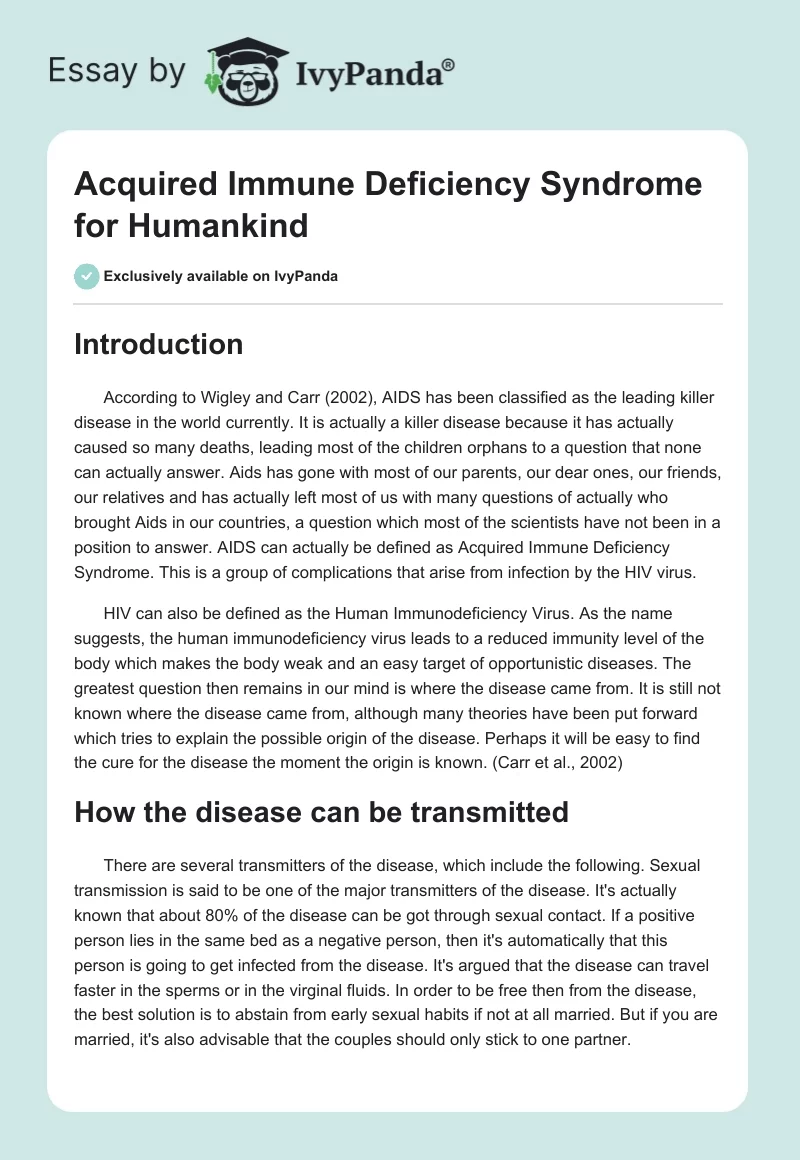 Acquired Immune Deficiency Syndrome for Humankind. Page 1