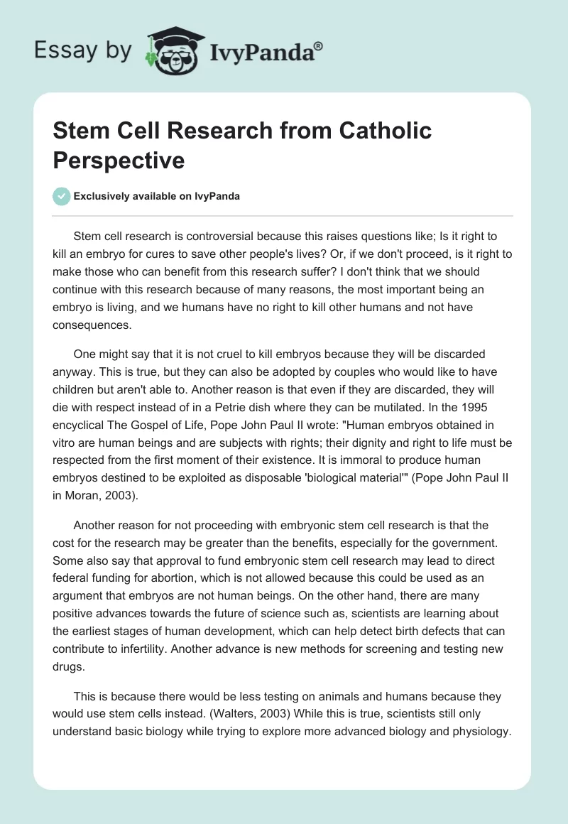 Stem Cell Research from Catholic Perspective. Page 1