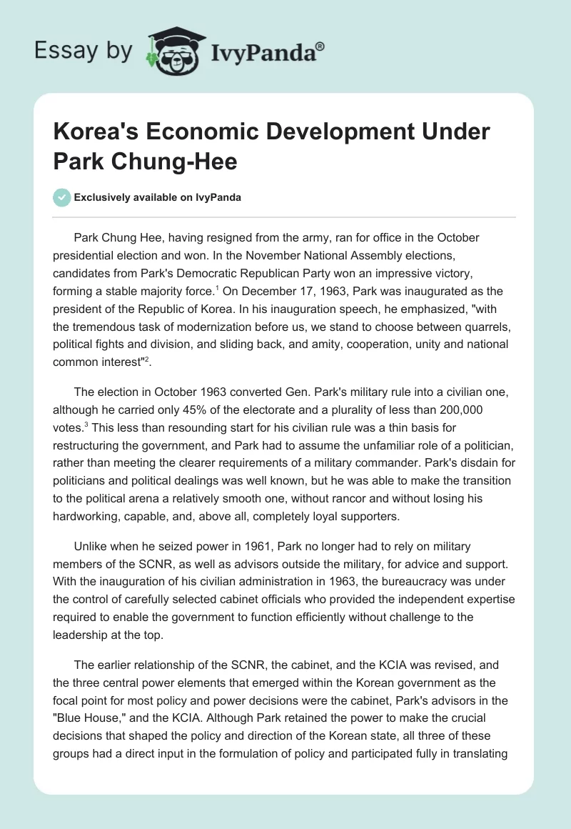 Korea s Economic Development Under Park Chung Hee 2928 Words Essay Korea s Economic Development Under Park Chung Hee 2928 Words Essay