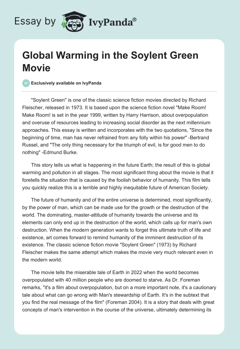 Global Warming in the "Soylent Green" Movie. Page 1