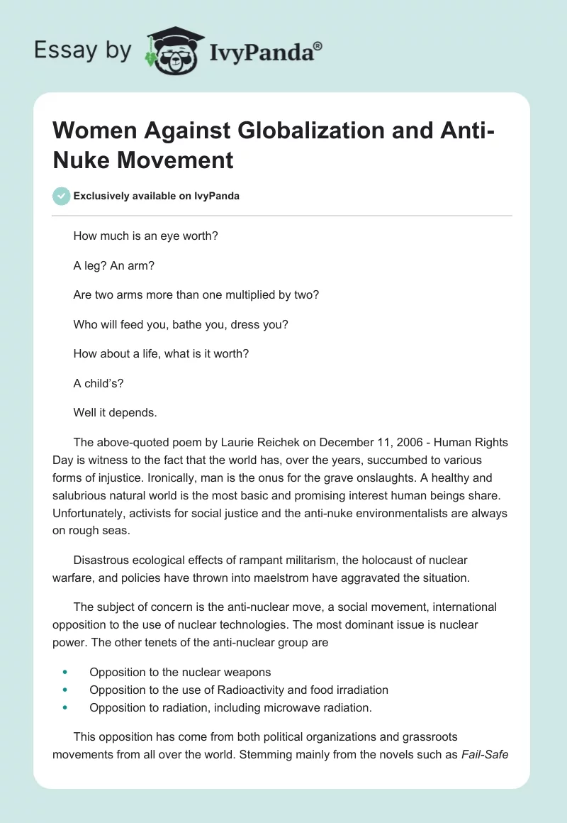 Women Against Globalization and Anti-Nuke Movement. Page 1