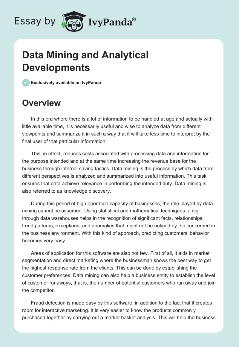 Data Mining and Analytical Developments. Page 1