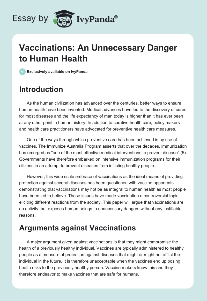 Vaccinations: An Unnecessary Danger to Human Health. Page 1