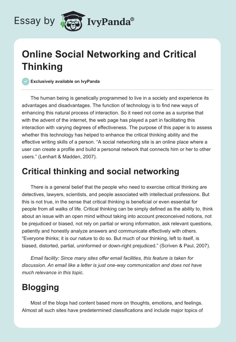 Online Social Networking and Critical Thinking. Page 1