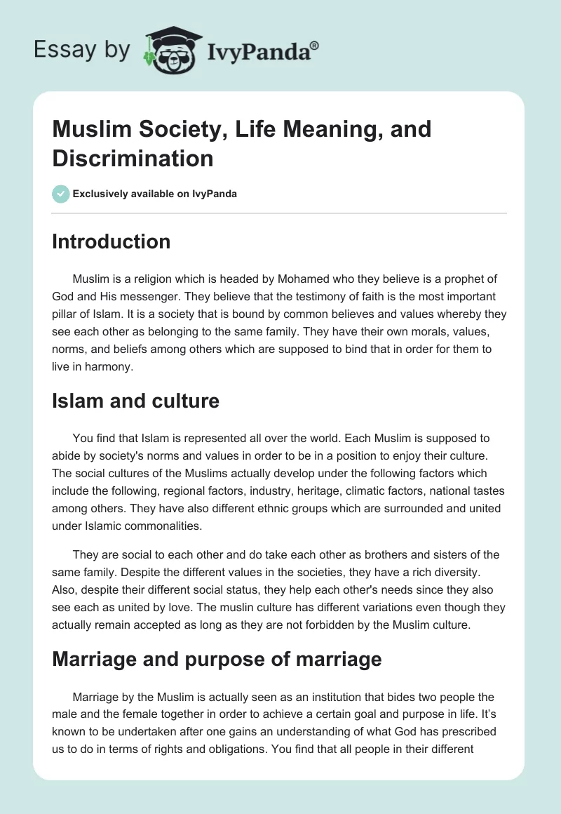 Muslim Society, Life Meaning, and Discrimination. Page 1