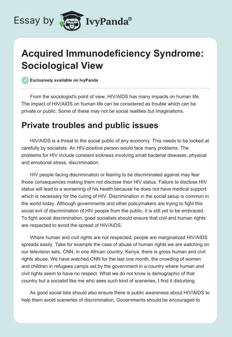 Acquired Immunodeficiency Syndrome: Sociological View. Page 1