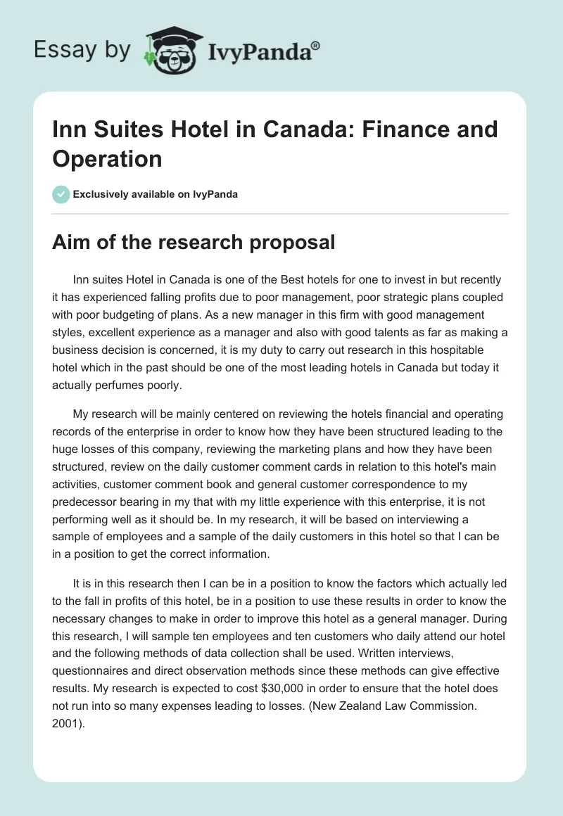 Inn Suites Hotel in Canada: Finance and Operation. Page 1