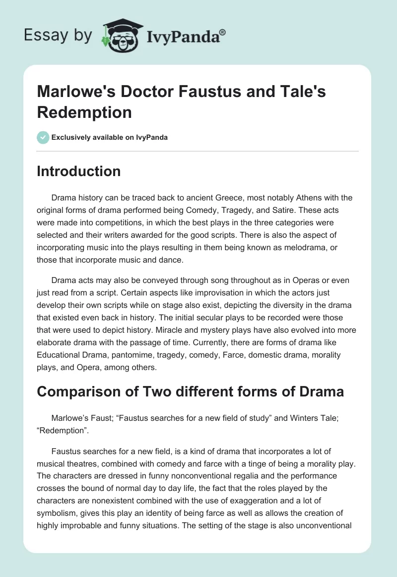 Marlowe’s “Doctor Faustus” and Tale’s “Redemption”. Page 1